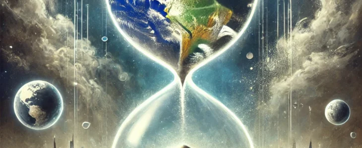 dall·e 2025 02 04 10.14.03 a thought provoking, futuristic illustration symbolizing humanity's last exam. the image shows a giant, ethereal hourglass with earth inside, its sand