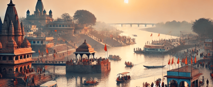 imagesdall e 2025 02 04 14.03.35 a serene view of the sangam in prayagraj at sunrise with boat rides on the holy rivers ganges yamuna and saraswati. pilgrims can be seen bathing in