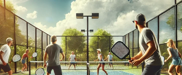 imagesdall e 2025 02 04 14.19.14 a group of people playing pickleball on an outdoor court with a net surrounded by trees and bright blue skies. the players are of diverse ages and ge