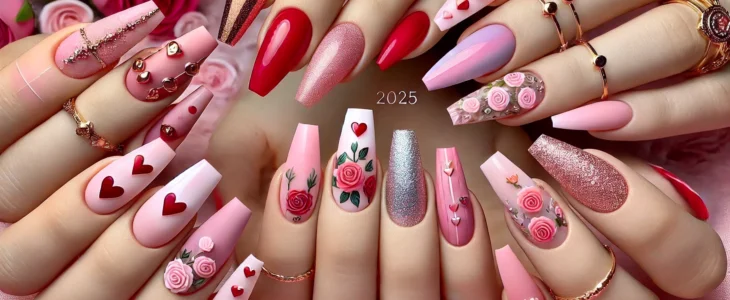 imagesdall e 2025 02 04 16.36.09 a collection of valentines day nail designs for 2025. the image includes multiple nails with different styles red ombre with heart accents metallic