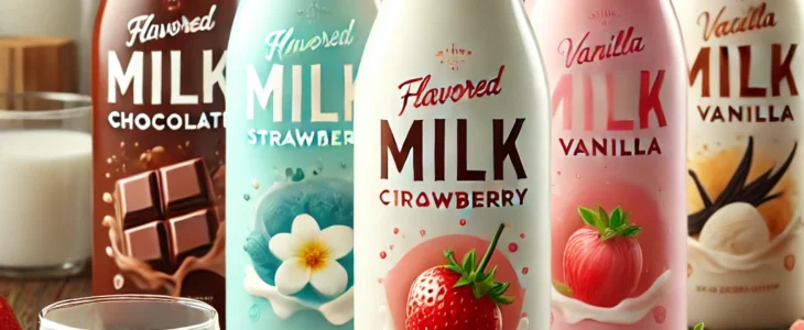 imagesdall e 2025 02 05 09.21.48 a vibrant and appetizing image of flavored milk bottles in various flavors including chocolate strawberry and vanilla. each bottle has a sleek mod