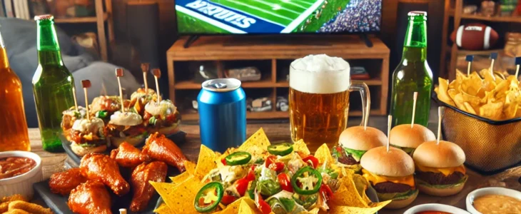 imagesdall e 2025 02 07 09.17.51 a festive game day food spread featuring buffalo wings nachos loaded with cheese and jalapenos sliders mozzarella sticks and a variety of dips lik