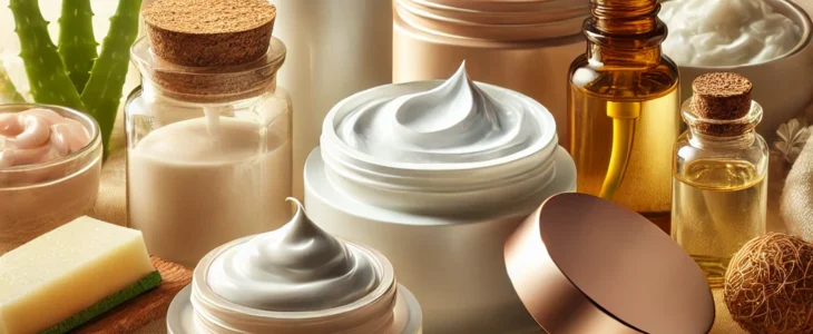 imagesdall e 2025 02 08 09.19.06 a high quality aesthetically pleasing image of various moisturizers for dry skin. the scene includes open jars and tubes of creams and gels with visi