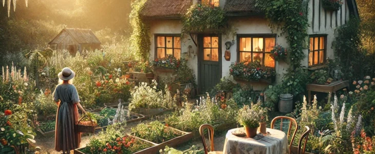 imagesdall e 2025 02 08 10.03.55 a cozy cottage in a lush countryside setting surrounded by blooming flowers a vegetable garden and a small wooden fence. soft golden sunlight filte