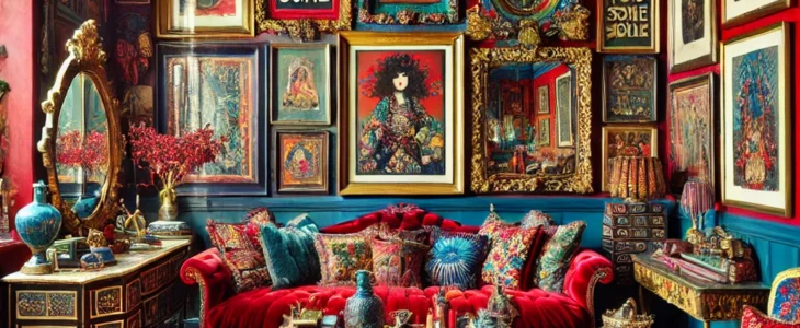 imagesdall e 2025 02 08 10.08.26 a vibrant maximalist interior featuring a bold mix of colors patterns and textures. the room includes deep blue and fiery red walls adorned with an