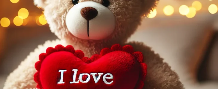 imagesdall e 2025 02 12 09.13.55 a heart shaped stuffed animal with a soft plush texture sitting on a cozy bed with a warm romantic ambiance. the plush toy is a teddy bear holding