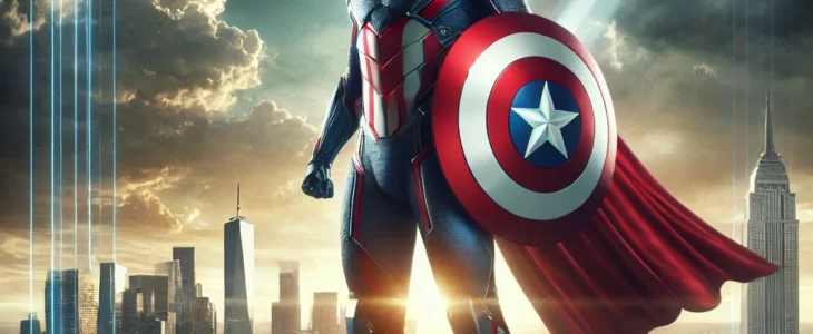 imagesdall e 2025 02 15 07.20.34 a heroic figure in a futuristic cityscape standing tall with a shield symbolizing justice and bravery. the figure wears a sleek red white and blue