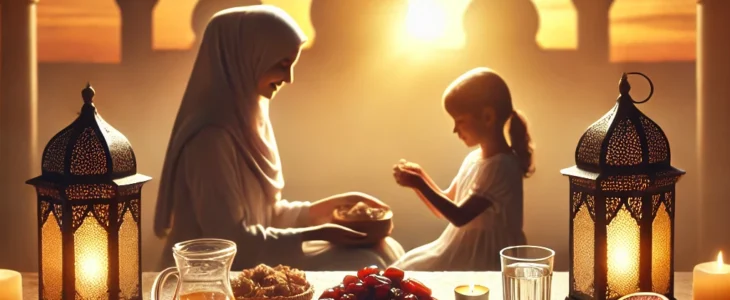 imagesdall e 2025 02 15 19.03.02 a serene and spiritual scene of a muslim family breaking their fast during ramadan at sunset. the table is filled with healthy foods such as dates fr