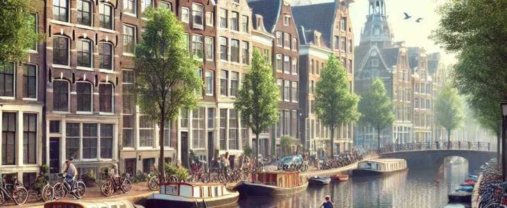 imagesdall e 2025 02 17 09.40.19 a picturesque view of amsterdams canals with traditional dutch gabled buildings lining the water. the scene includes cyclists riding along the canal