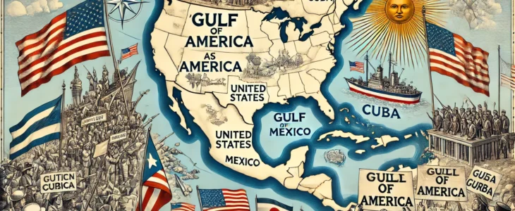 imagesdall e 2025 02 17 15.51.22 a detailed illustration depicting the gulf of mexico newly labeled as gulf of america on a map. the map shows the surrounding countries the united