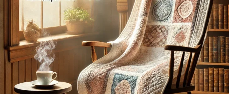 imagesdall e 2025 02 25 19.32.30 a cozy scene featuring a beautifully crafted 100 cotton quilt draped over a wooden rocking chair near a sunlit window. the quilt showcases intricate