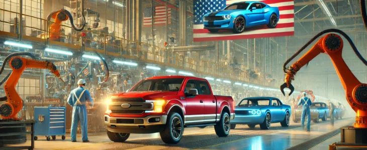 Imagesdall E 2025 03 06 09.12.58 A Modern Car Manufacturing Plant With A Production Line Assembling American Made Vehicles. The Foreground Features A Sleek Red Pickup Truck A Blue El