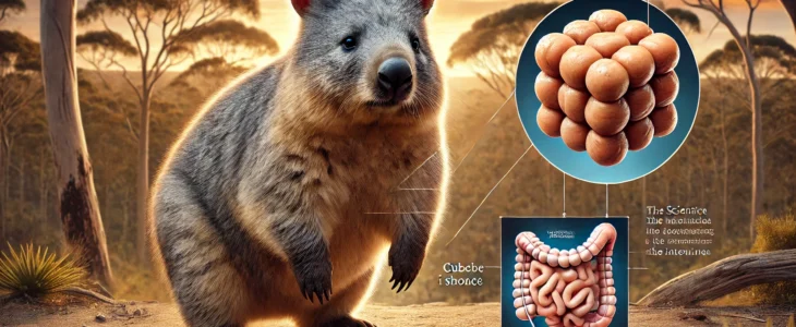 Imagesdall E 2025 03 07 08.59.24 A Detailed Scientific Illustration Of A Wombat In Its Natural Habitat With A Close Up Inset Showing Its Cube Shaped Poop. The Image Includes A Labele