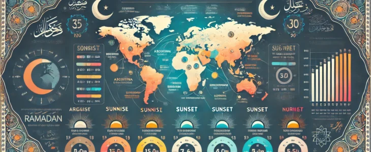 Imagesdall E 2025 03 07 20.24.21 A Detailed Infographic Showcasing Extreme Fasting Times Around The World During Ramadan. The Design Features A World Map With Highlighted Locations Sh