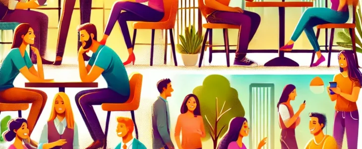 Imagesdall E 2025 03 07 21.10.47 A Vibrant And Engaging Illustration Of People Having Casual Conversations In Different Settings A Coffee Shop An Office Break Room And A Park. The