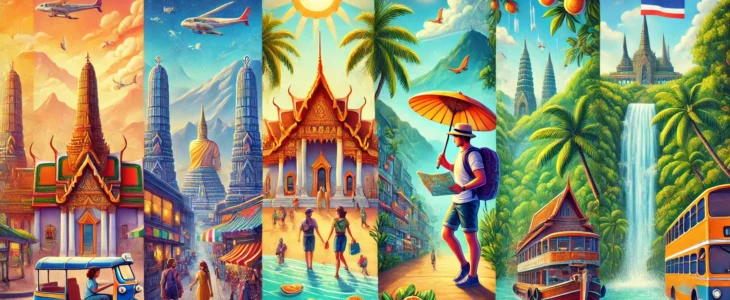 Imagesdall E 2025 03 12 09.22.28 A Vibrant Travel Themed Illustration Showcasing The Best Times To Visit Thailand. The Image Is Divided Into Four Sections Representing The Seasons Co